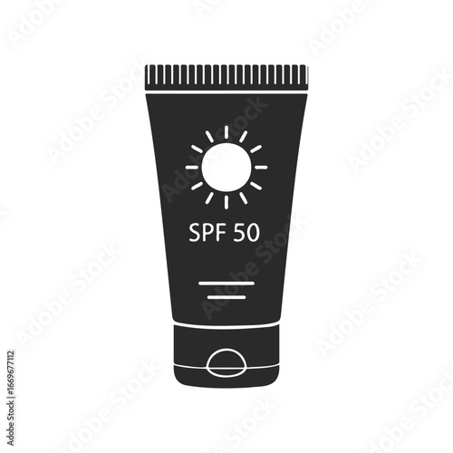 Black and white spf 50 sunscreen tube icon with sun design