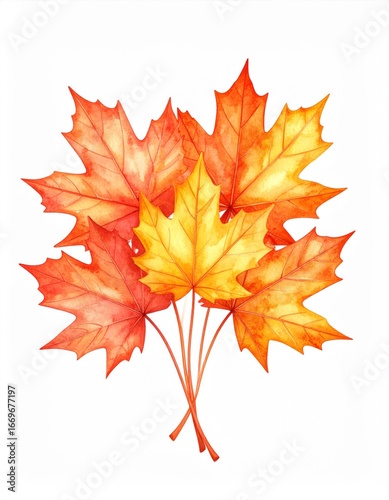 Watercolor Bunch of Colorful Autumn Maple Leaves in Red Orange and Yellow