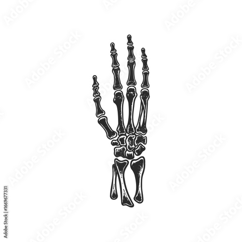 Anatomical illustration of human hand skeleton on white background