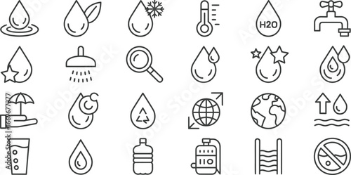 Water conservation and resource management vector icons for sustainable living and environmental protection