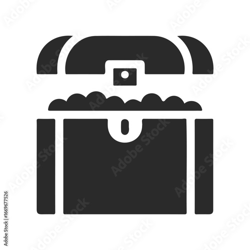 Black treasure chest icon with open lid and coins inside on white background