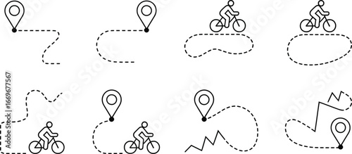 Bicycle route planning vector illustration with gps pin and dashed line for navigation apps use