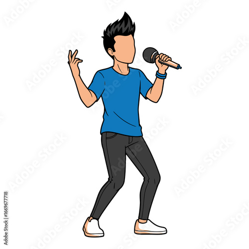 Cartoon man with spiky hair singing into a microphone, wearing a blue t-shirt and dark pants, performing on stage.