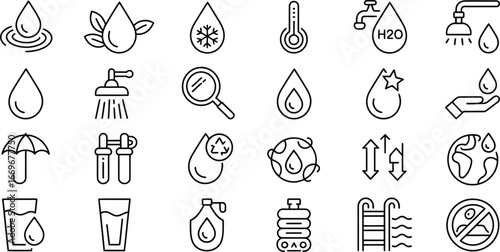 Water conservation icons set vector illustration of water usage and saving water resources theme