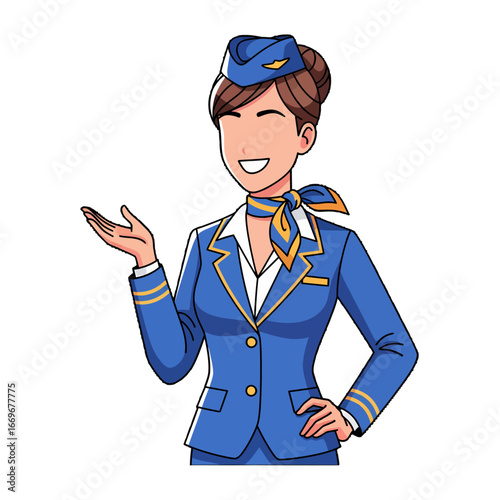 Smiling cartoon flight attendant in blue uniform gesturing welcomingly with an open hand.