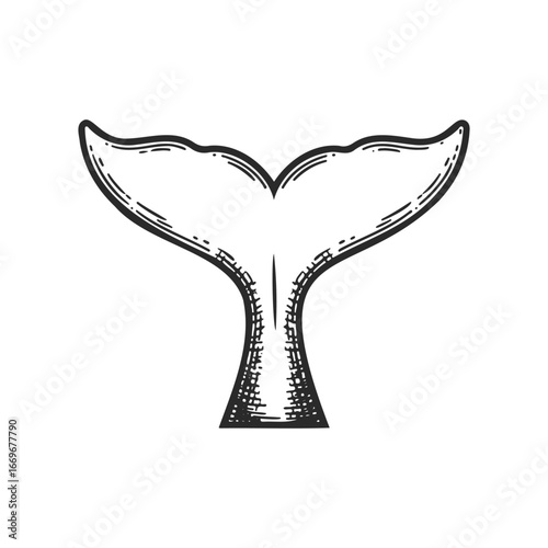 Vintage whale tail illustration in black and white