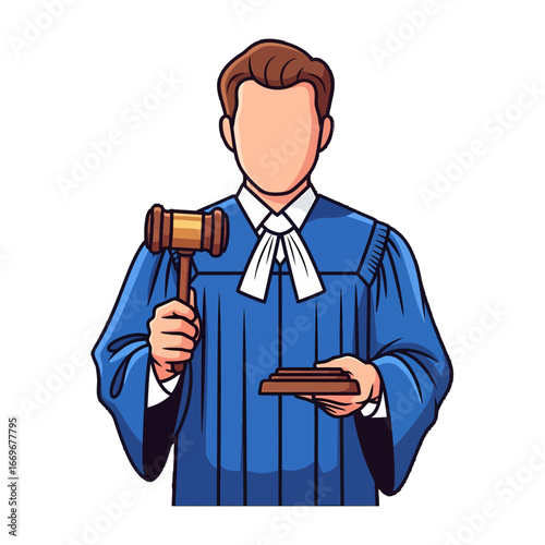 Cartoon illustration of a judge in a blue robe holding a gavel and sound block, symbolizing justice and law.