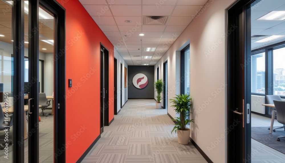 Obraz premium a modern office corridor painted with coral and neutral gray tones, motivating employees while preserving a professional and balanced environment.