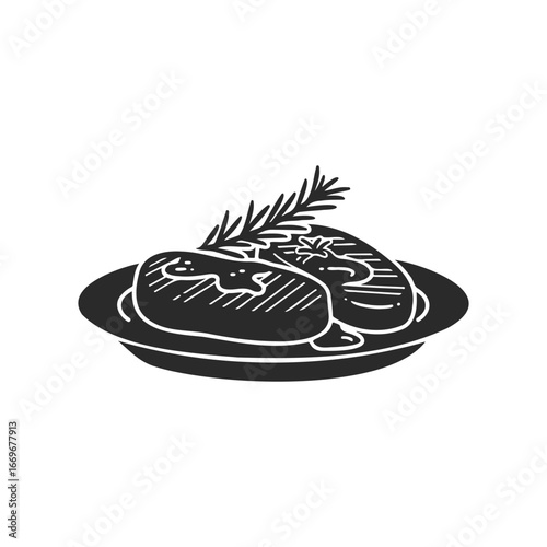 Grilled steaks with rosemary garnish on plate silhouette