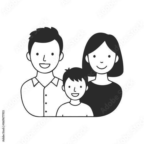 Cartoon family portrait: smiling caucasian parents and child illustration