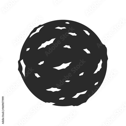 Black textured sphere with irregular cutouts on white background
