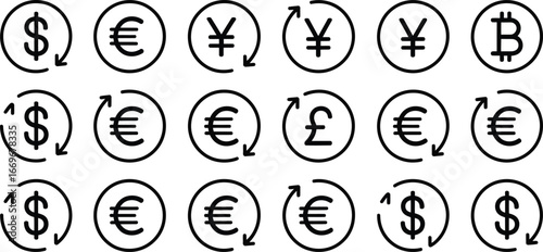 Currency exchange vector icons set dollar euro yen bitcoin pound symbols for finance and business