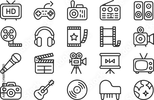 Vector icons for media and entertainment industry including tv radio camera and music instruments etc