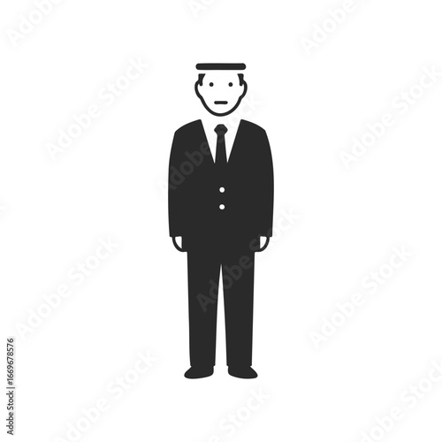 Black and white icon of male hotel bellhop in uniform and cap