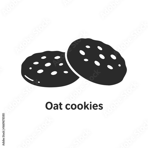 Silhouette of two oat cookies with chocolate chips on white background