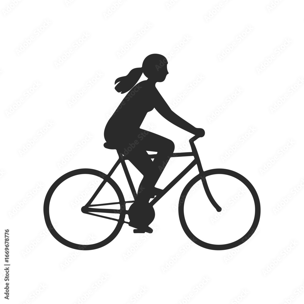 Obraz premium Silhouette of female cyclist on bicycle: black and white profile