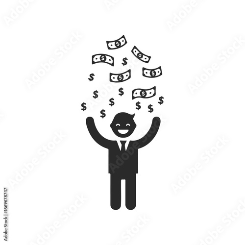 Smiling cartoon man with money falling symbolizing success and wealth