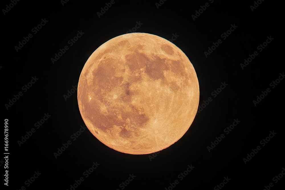 Obraz premium A full, luminous orange-hued moon dominates a dark night sky.