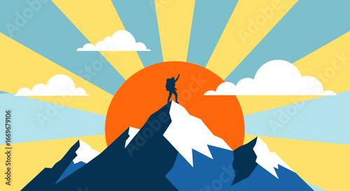 A lone adventurer's silhouette stands triumphant atop a mountain peak against a vibrant, rising sun. A powerful graphic symbolizing the peak of achievement and success.