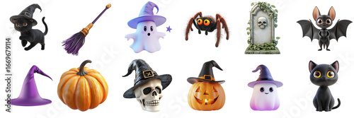 Set of cartoon halloween items isolated on transparent background PNG. Spider, ghost, pumpkin, cat, witch hat, tombstone