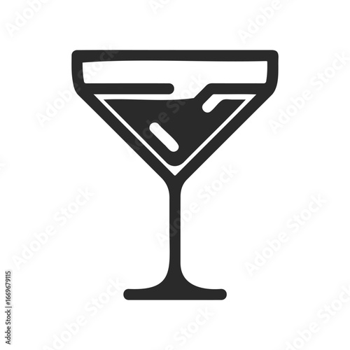 Minimalist black martini glass icon with ice cubes on white background