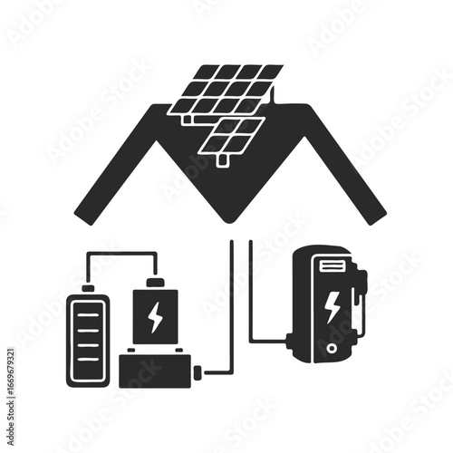 Solar power system components: panels, batteries, and inverters in diagram