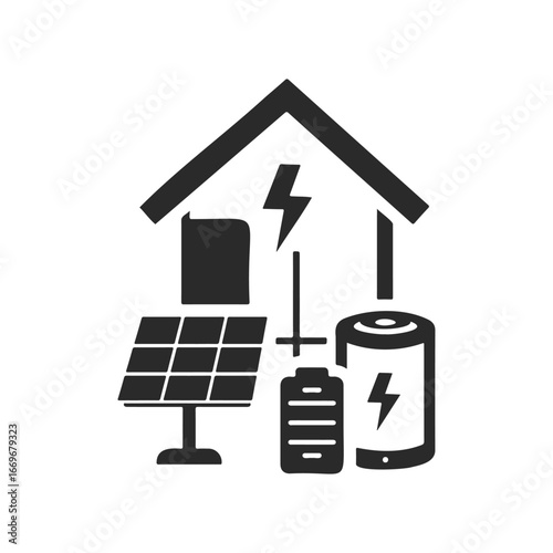 Renewable energy system with solar panels, battery storage, and inverter icon