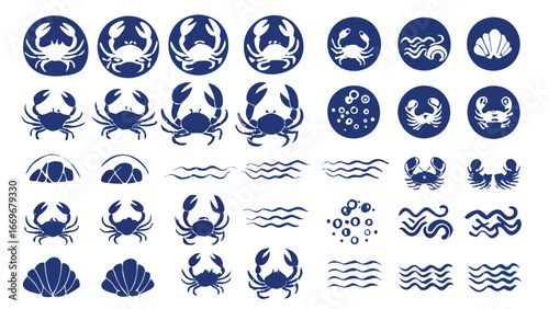 Collection of blue crab illustrations, sea shells, waves and bubbles in a nautical theme pattern design