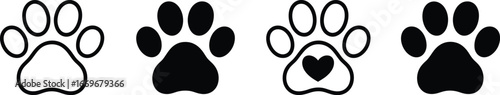 Dog paw print vector collection for animal lovers and pet adoption designs with heart shape detail