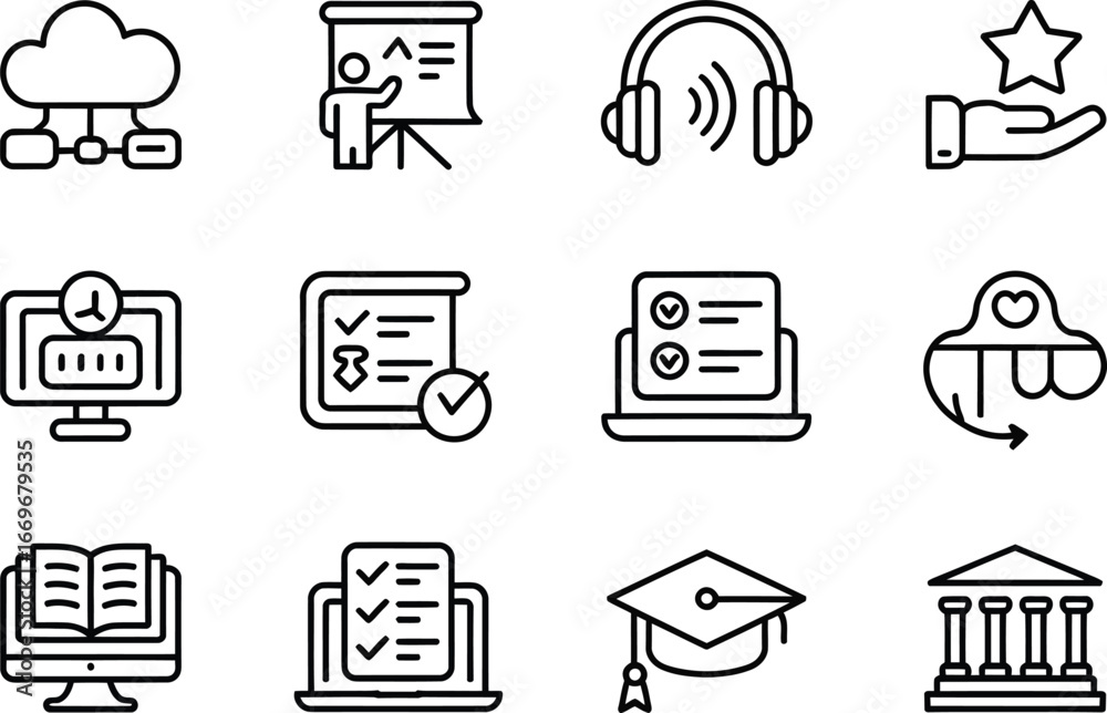 Online education and e learning vector icon set for web design and mobile app development resources