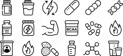 Fitness supplements vector icons set, protein powder, bcaa, energy boost, muscle growth, pills and vitamins