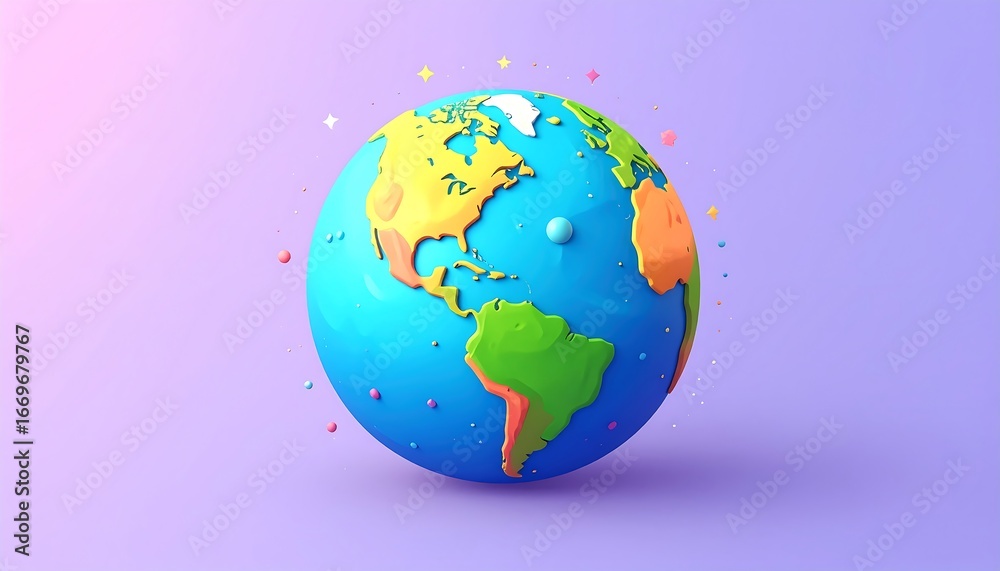 Naklejka premium A vibrant, three-dimensional globe, rendered in bright, playful colors, showcasing a stylized representation of the continents.