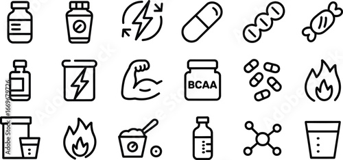Supplement icons set vector illustration of protein powder bcaa pills and bodybuilding nutrition line art