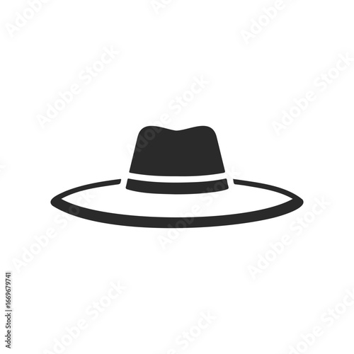 Black fedora hat icon with wide brim and classic design