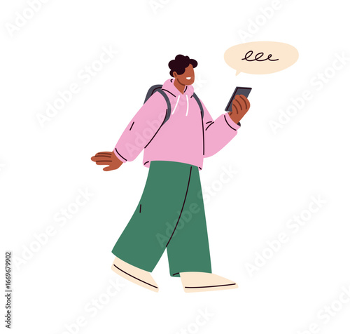 Happy student walking with mobile phone, reading online chat, message and smi...
