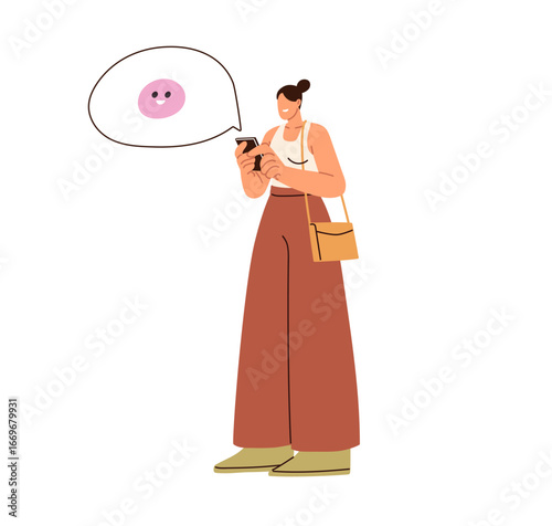 Woman chatting online, holding mobile phone, smiling emoji in speech bubble. ...