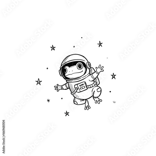A cute cartoon frog astronaut in a spacesuit floating among the stars.