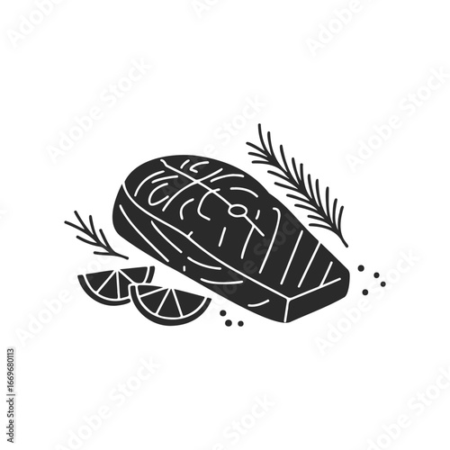 Black and white stylized illustration of salmon steak with lemon and rosemary