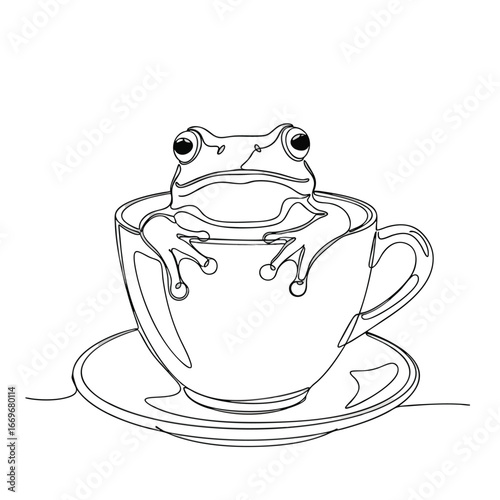 A cute frog relaxing in a teacup drawn in a continuous single line art style.
