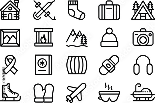 Winter vacation icons set vector illustration cabin skiing sock travel suitcase mountain fireplace