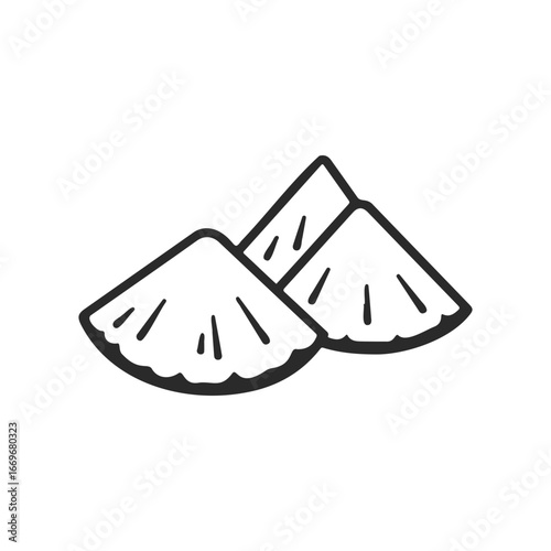 Black and white sketch of two gyoza dumplings on a plate
