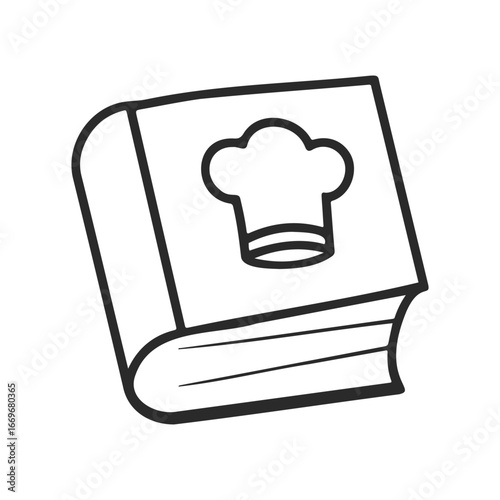 Cookbook icon with chef hat on cover in black and white line art