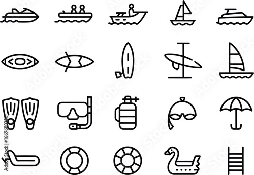Water sports equipment icons set vector illustration for summer vacation and recreation design 96
