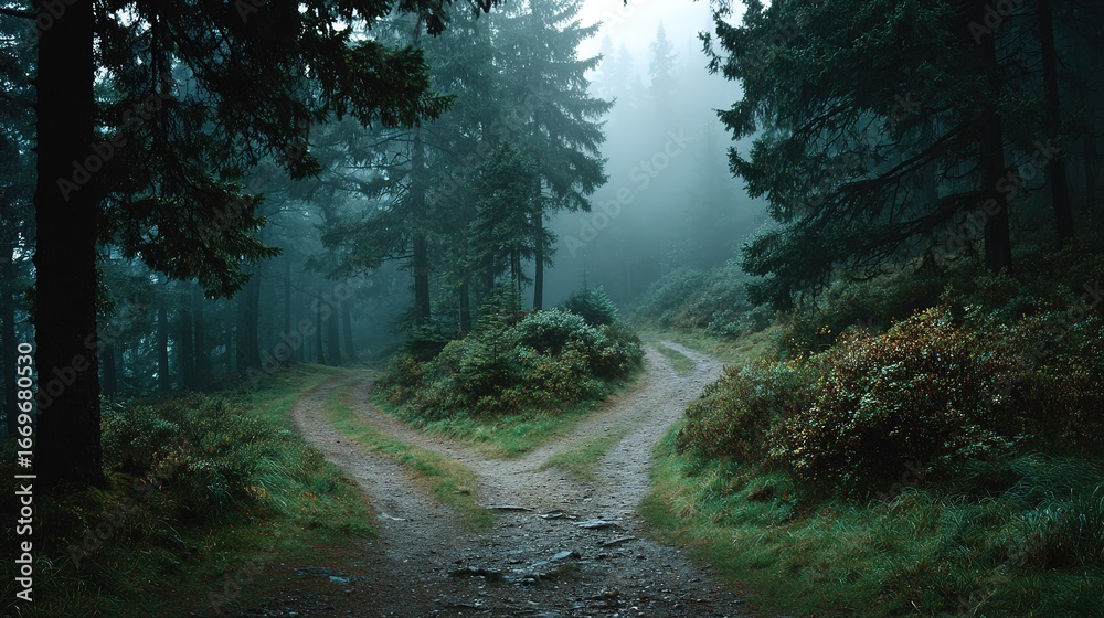 Obraz premium Forked Trail in Misty Forest, Natural Outdoor Adventure Scene