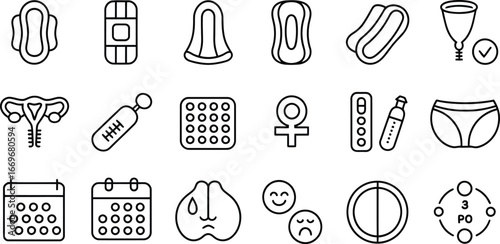 Menstrual health vector icons set including pads, tampons, cup, uterus, calendar and more feminine care