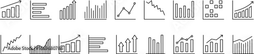 Business graphs and charts icon set. Bar graph, Chart and diagram set. Business statistics, analytics, finance report, economy statistic charts money diagrams, up down arrow. Vector infographic