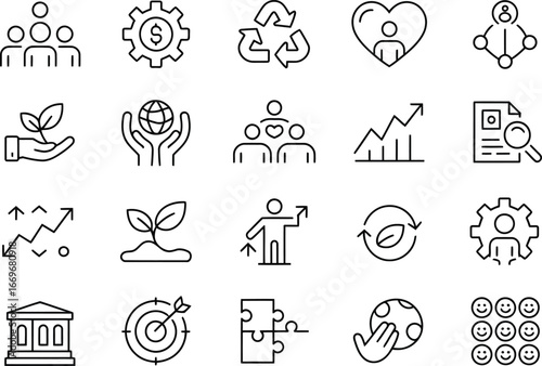 Business strategy icons vector set for growth success and development with teamwork and sustainability focus