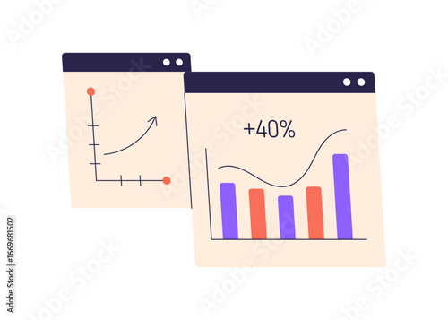 Business growth, development, success concept. Analytics, data and statistics, diagrams, charts and graphs. Abstract analysis, positive trend. Flat vector illustration isolated on white background