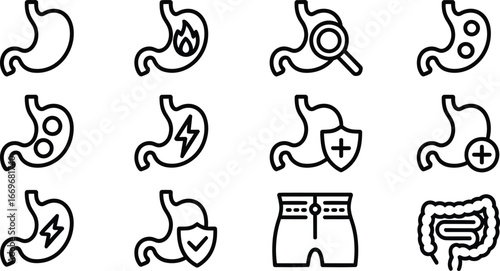 Stomach health icons set vector illustration for digestive system and gut health awareness design