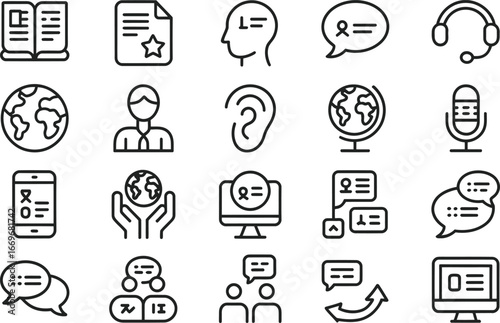 Explore language learning resources and global communication icons for education and translation services